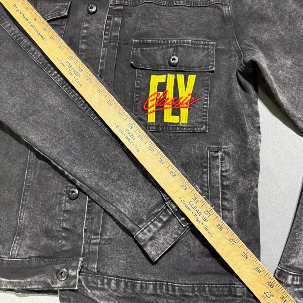 Born Fly Denim Jacket Mens XL Black Acid Wash Graphic Patch Streetwear Trucker